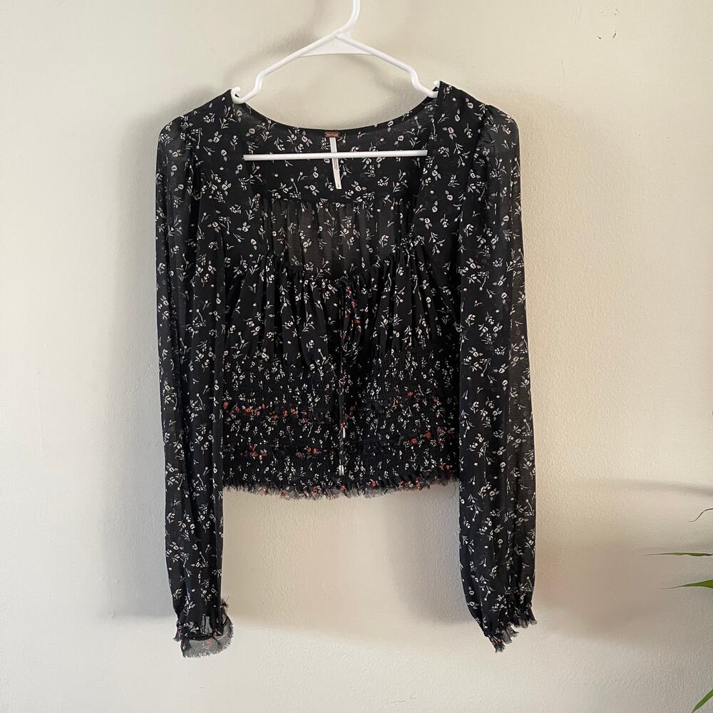 Free People Black Floral Crop Top Boho Coquette Lolita Womens Small OB1018998